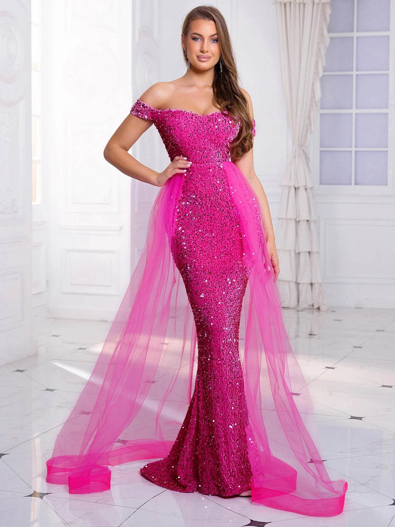 Hot Pink Sequined Prom Dress - Off Shoulder Ball Gown by Buy Center - Buy Center UK