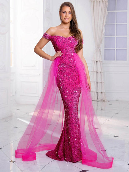 Hot Pink Sequined Prom Dress - Off Shoulder Ball Gown by Buy Center - Buy Center UK