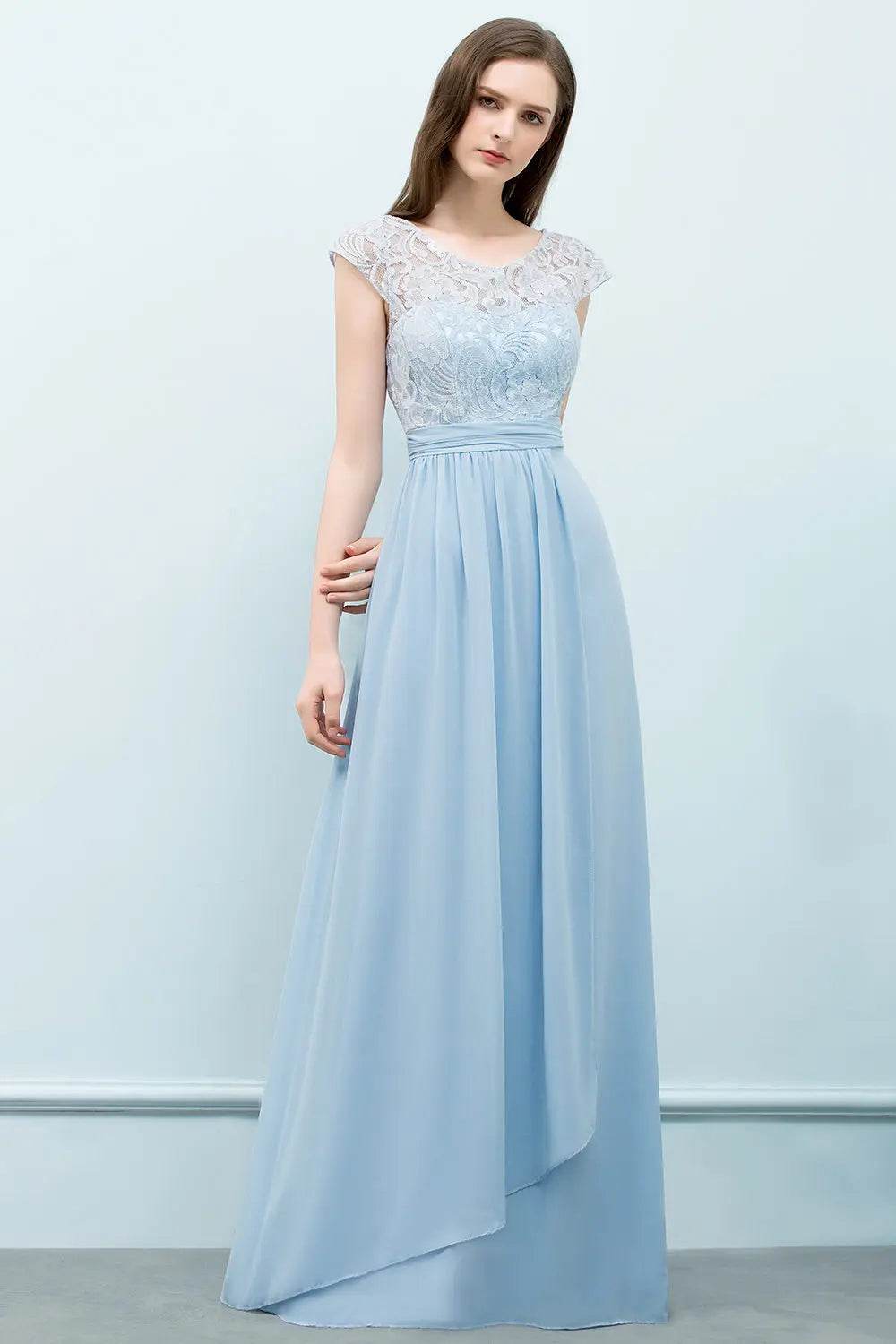 Elegant Light Blue Chiffon Bridesmaid Dress - Cap Sleeve & Lace - Buy Center UK