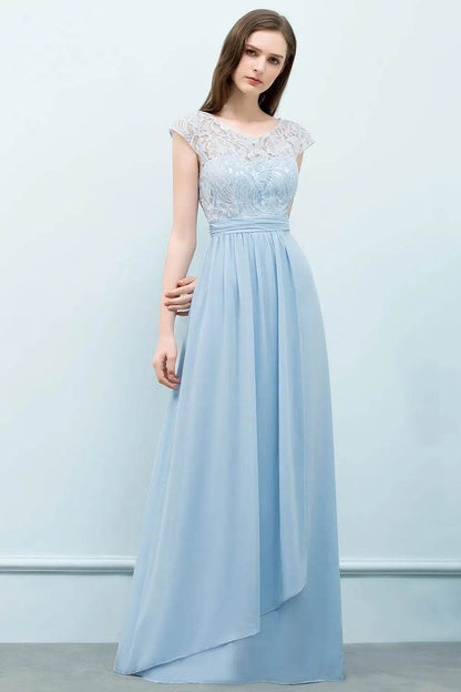 Elegant Light Blue Chiffon Bridesmaid Dress - Cap Sleeve & Lace - Buy Center UK