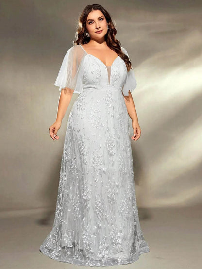 Mgiacy Plus Size V-Neck Wedding Gown - Embroidered Lace Detail - Buy Center UK