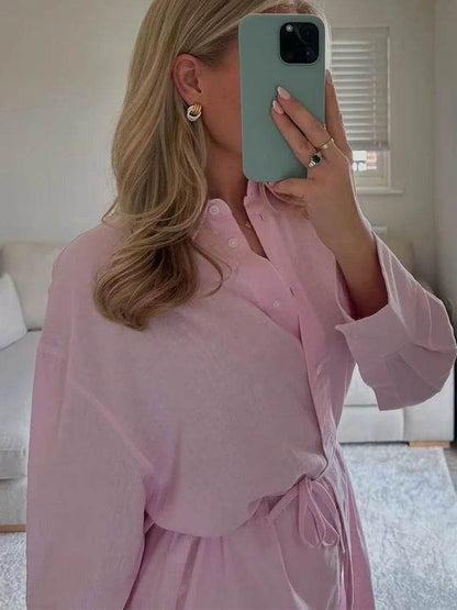 TFMLN Women's Loose Shirt with Belt - Stylish Long Sleeve Blouse - Buy Center UK