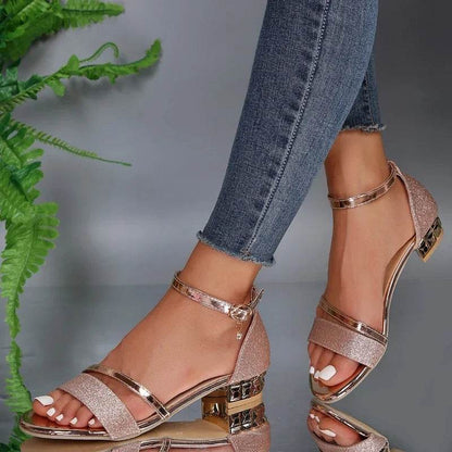Women's Casual Ankle Strap Sandals - Open Toe Low Heels, Gold - Buy Center UK