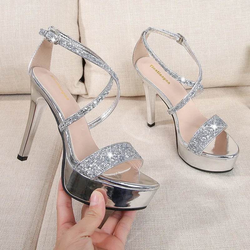 Buy Center Women's High Heel Pumps - Bling Open Toe Cross Strap - Buy Center UK