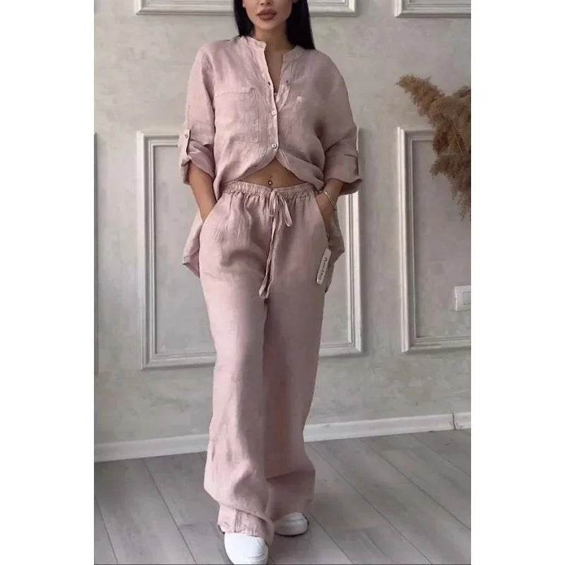 Buy Center Women's Linen Drawstring Shirt & Wide Leg Pants Set - Buy Center UK