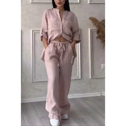 Buy Center Women's Linen Drawstring Shirt & Wide Leg Pants Set - Buy Center UK