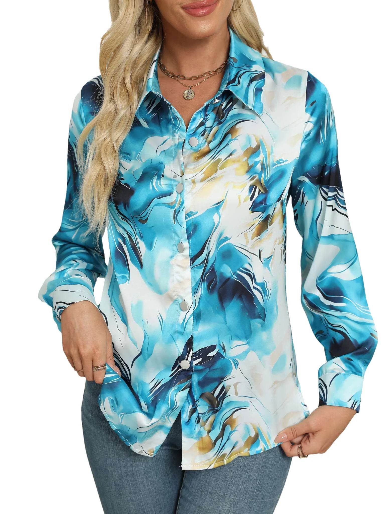 Women's Elegant Marble Print Long Sleeve Work Shirt - Chic & Comfortable - Buy Center UK