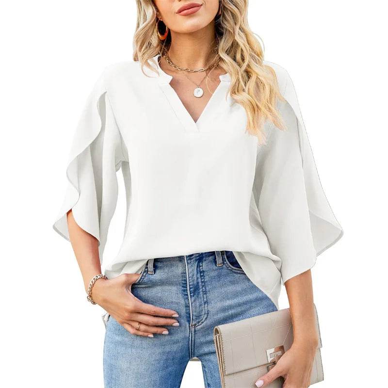 Buy Center Women Chiffon Blouse - V-Neck, Flare Sleeves for Summer - Buy Center UK