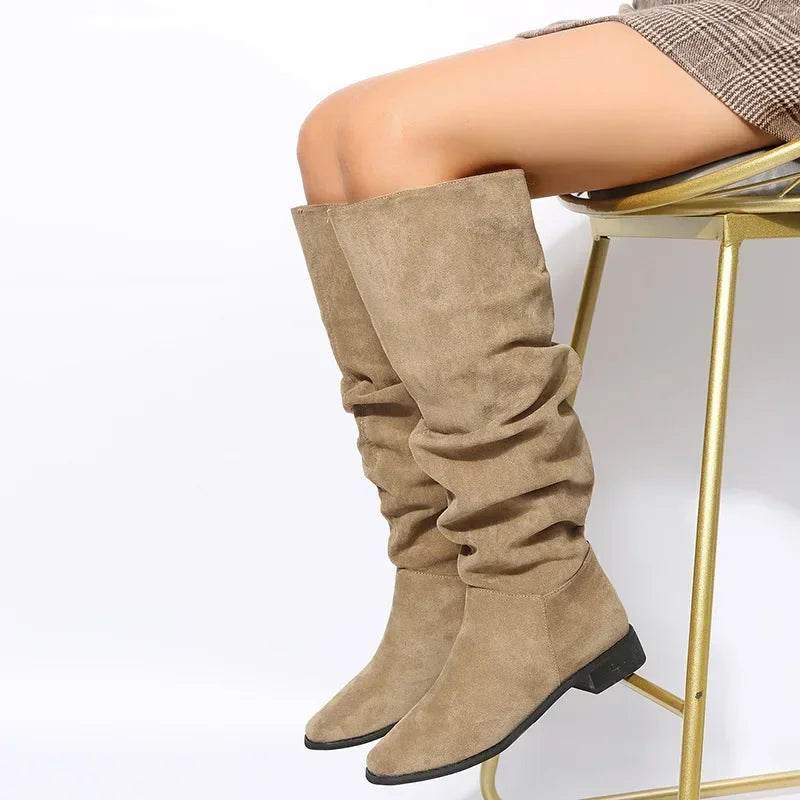 Buy Center Women's Pleated Knee High Boots - Black & Nude Faux Suede - Buy Center UK