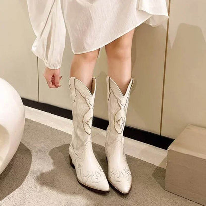 YBQJOO Vintage Square Heel Cowboy Boots for Women - Embroidered Style - Buy Center UK