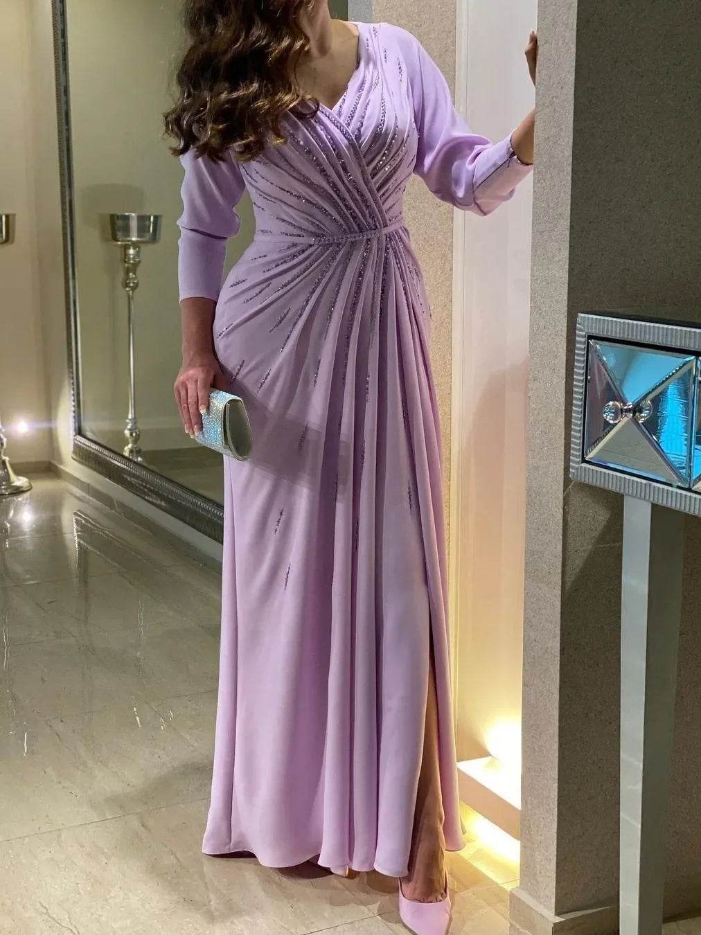 Oisslec Elegant Evening Gown - V-Neck Beaded Long Sleeve Dress - Buy Center UK