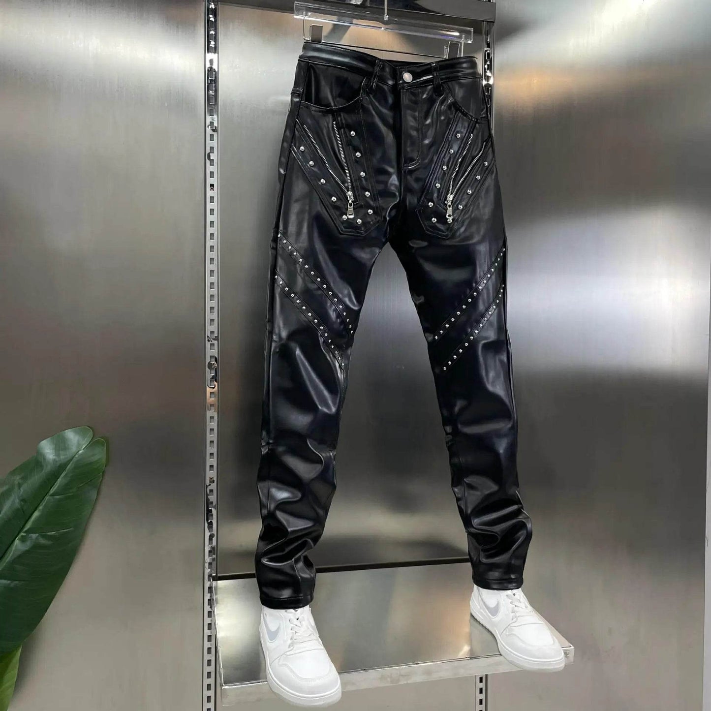 Buy Center Windproof Leather Pants - Slim Fit, Rivet & Zipper Decor - Buy Center UK