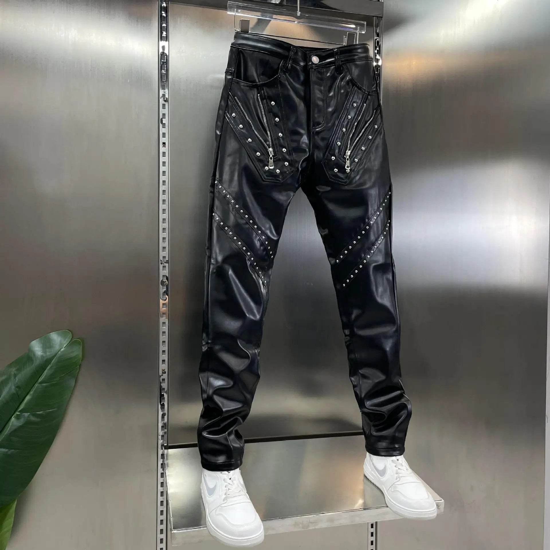 Buy Center Windproof Leather Pants - Slim Fit, Rivet & Zipper Decor - Buy Center UK
