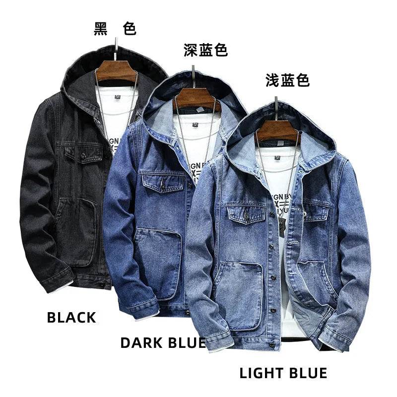 Buy Center Men’s Hooded Denim Jacket - Casual Spring Style, Pockets - Buy Center UK