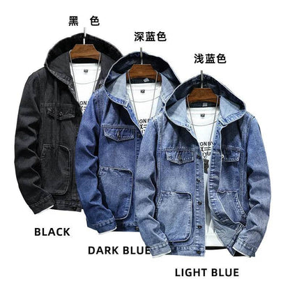 Buy Center Men’s Hooded Denim Jacket - Casual Spring Style, Pockets - Buy Center UK