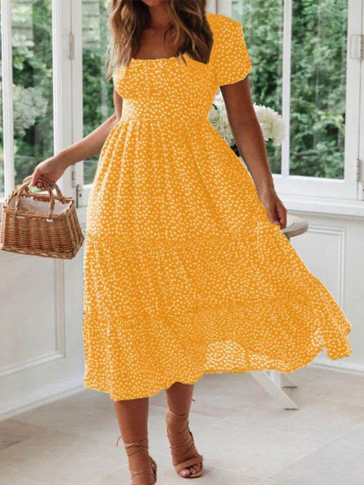 Buy Center Vintage Puff Sleeve Summer Maxi Dress - Floral Square Collar - Buy Center UK