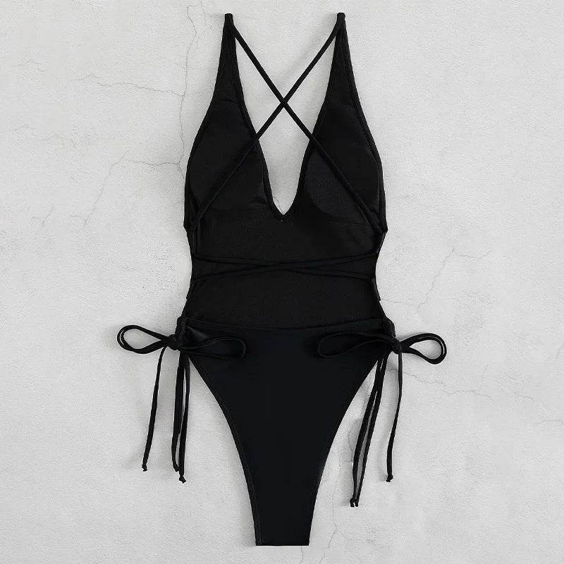 Fashion Solid Deep V Neck One Piece Swimsuit - Stylish Monokini for Women - Buy Center UK