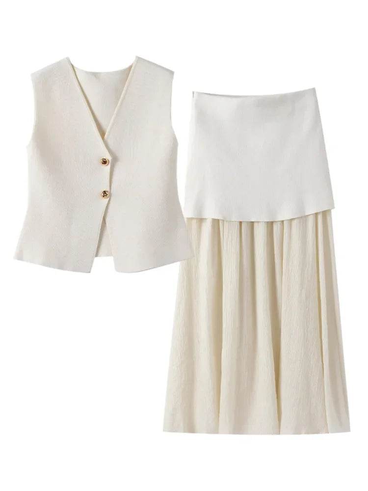 TRAF Women Knitted 2-Piece Set - V-Neck Top & Ankle Skirt - Buy Center UK
