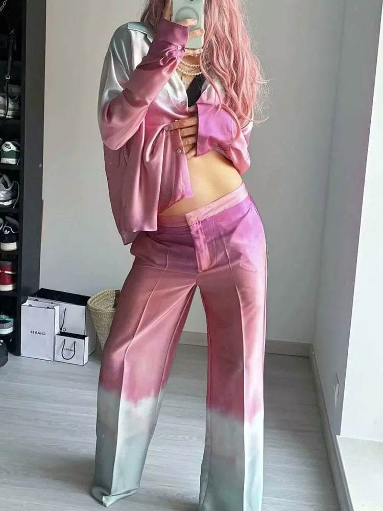 Buy Center Tie-Dye Print Shirt Pants Set - Chic V-Neck Satin Look - Buy Center UK