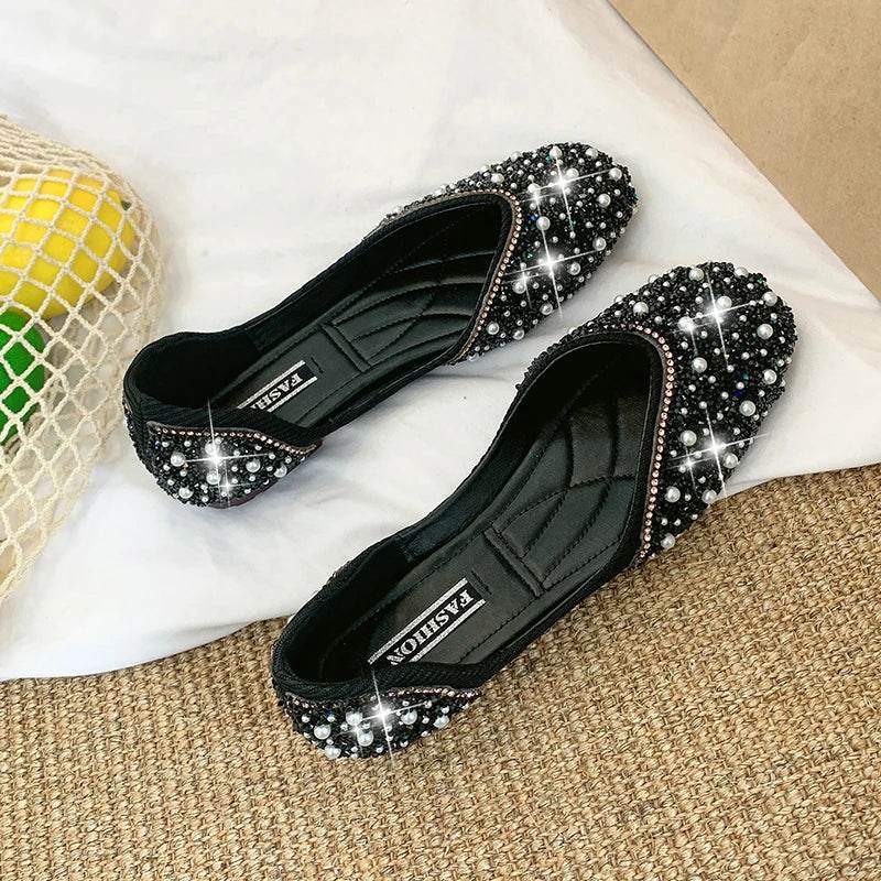 UETEEY Glitter Pearl Studs Ballet Flats - Cozy Slip-On Loafers - Buy Center UK