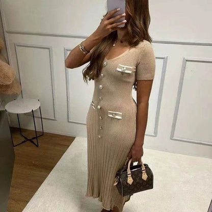 Elegant Knitted Maxi Dress - Bodycon Short Sleeve with Ruffles - Buy Center UK
