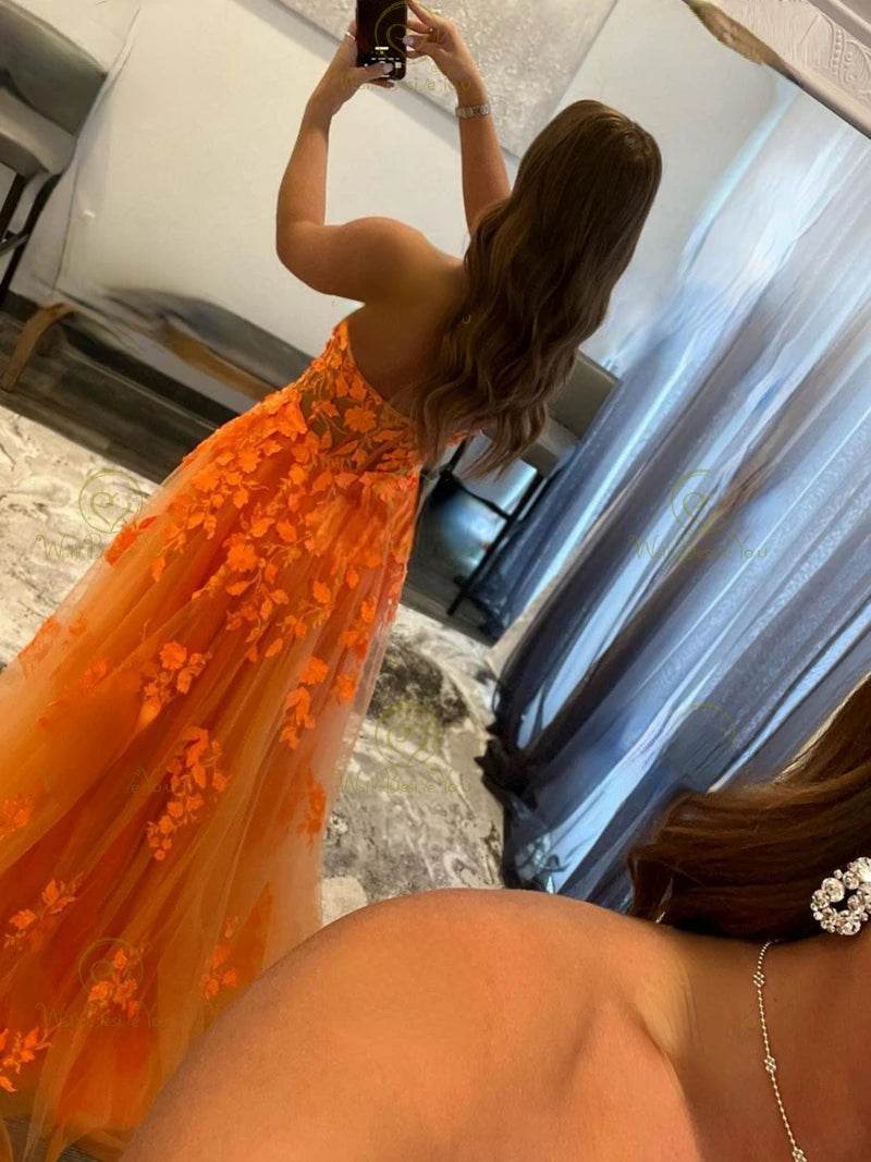 Elegant Orange Lace Appliques Prom Dress - Sweetheart A-Line Gown - Buy Center UK