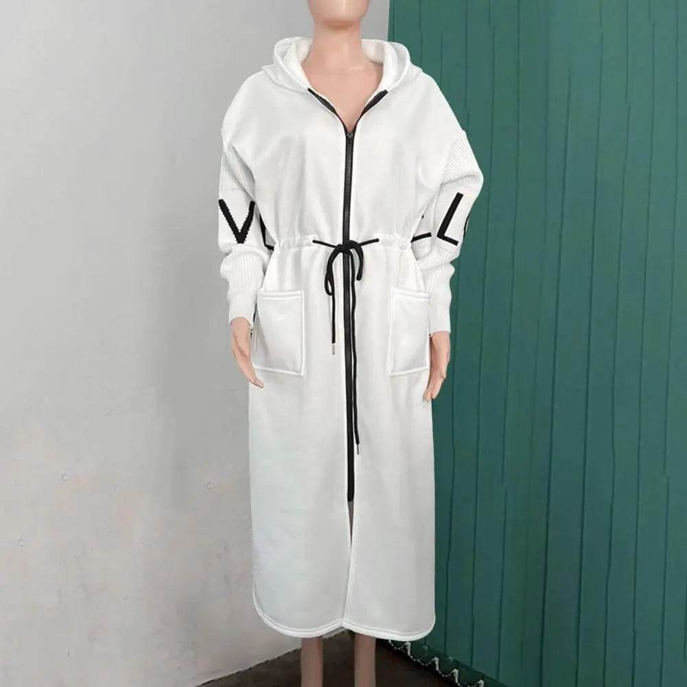 Women's Long Hooded Coat - Patchwork Sleeves & Drawstring Waist - Buy Center UK