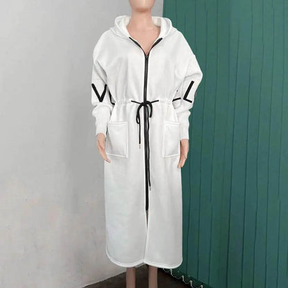 Women's Long Hooded Coat - Patchwork Sleeves & Drawstring Waist - Buy Center UK