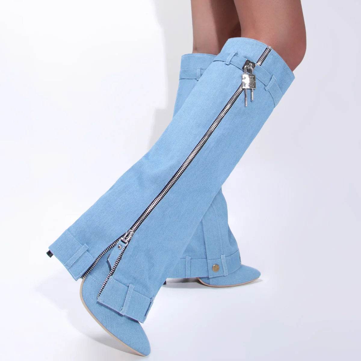 Buy Center Blue Denim Knee High Cowboy Boots - Pointed Toe & High Heel - Buy Center UK