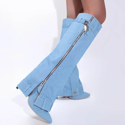 Buy Center Blue Denim Knee High Cowboy Boots - Pointed Toe & High Heel - Buy Center UK