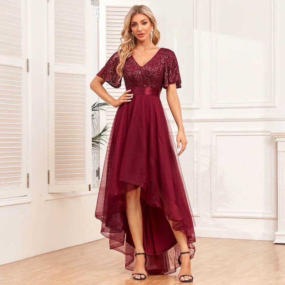Elegant V-neck Ruffle A-line Evening Dress - Fluffy Gauze Style - Buy Center UK
