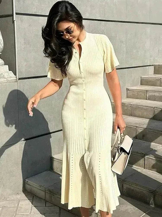 Elegant Women's Knit Dress - Slim O-Neck, Short Sleeve A-Line - Buy Center UK