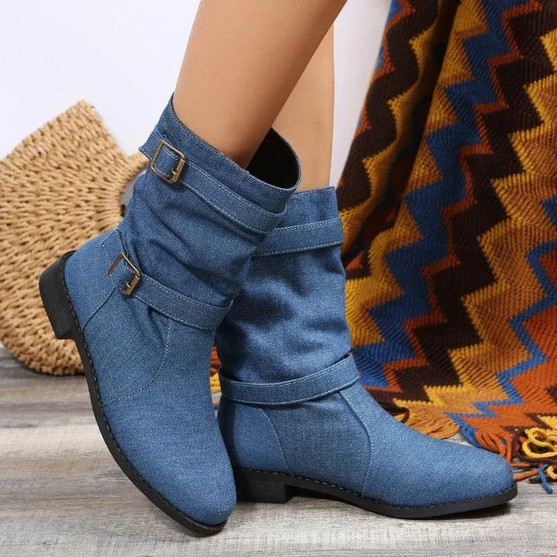 Buy Center Women's Mid Calf Denim Boots - Comfortable Round Toe Design - Buy Center UK