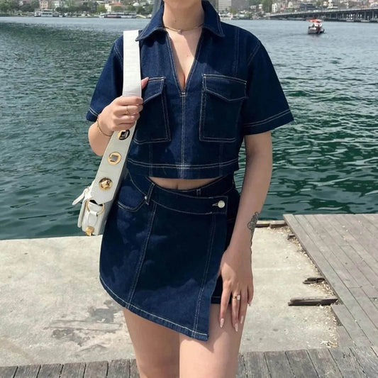 Women's 2 Piece Denim Outfit - Cropped Top & High Waist Shorts - Buy Center UK