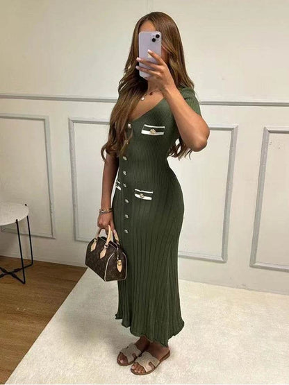 Buy Center Elegant Knitted Long Dress - V-neck Bodycon for Summer - Buy Center UK