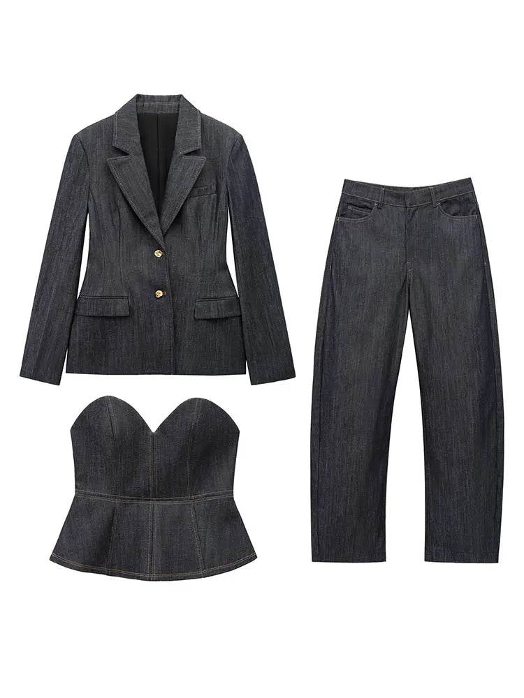 TRAFZA Women's Denim Pants Set - Elegant Blazer & Strapless Vest - Buy Center UK