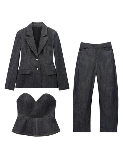 TRAFZA Women's Denim Pants Set - Elegant Blazer & Strapless Vest - Buy Center UK