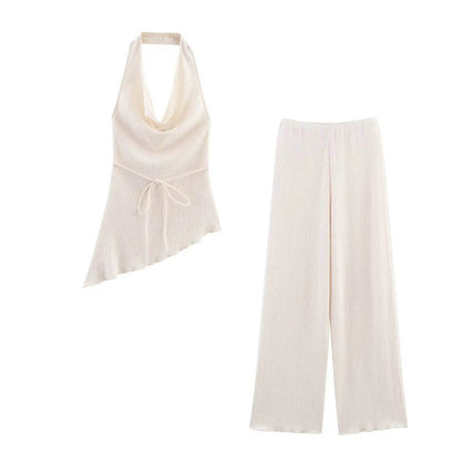 TFMLN Women Pant Sets - Asymmetrical Hem Lace-Up Top & Straight Pants - Buy Center UK