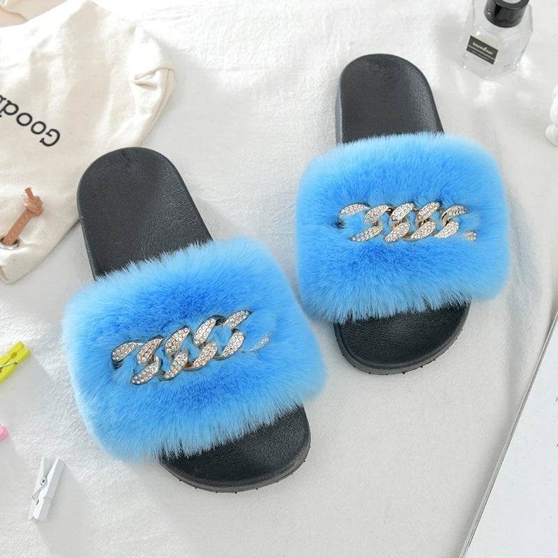 Buy Center Women's Furry Slippers - Plush Faux Rabbit Fur Slides - Buy Center UK
