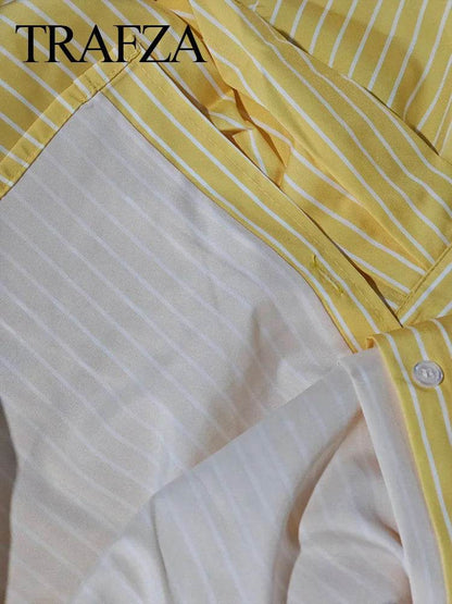 TRAFZA 2024 Women’s Yellow Striped Pants Set - High Waist Style - Buy Center UK