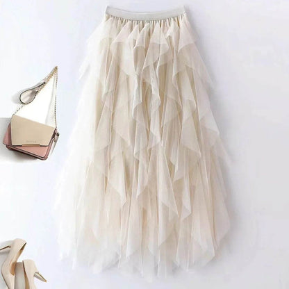 Buy Center High-Waisted A-Line Mesh Skirt - Ruffle Edge Puff Design - Buy Center UK