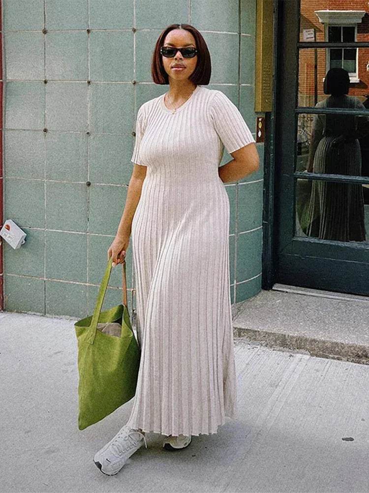 Buy Center Ladies Knitted Short Sleeve Long Dress - Spring Fashion Chic - Buy Center UK