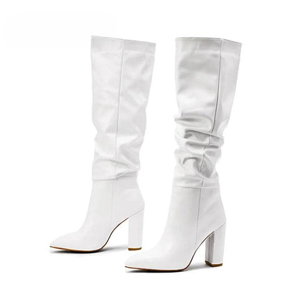 Buy Center Women's White Pleated Leather Knee High Boots - Chunky Heels - Buy Center UK