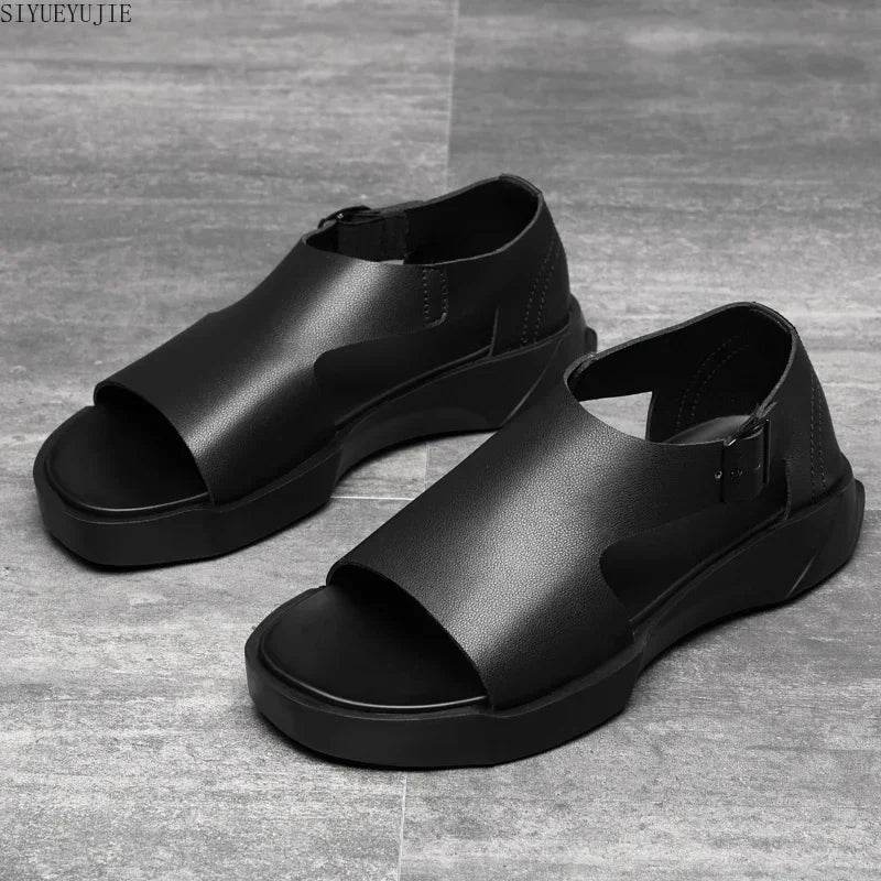 Buy Center Men's White Black Genuine Leather Gladiator Sandals - Casual Style - Buy Center UK