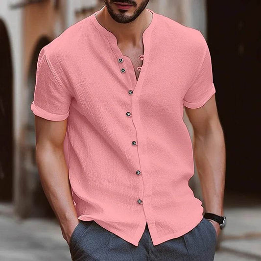 Buy Center Men's Short-Sleeved Cotton Hemp Shirt - Retro Solid Colors - Buy Center UK