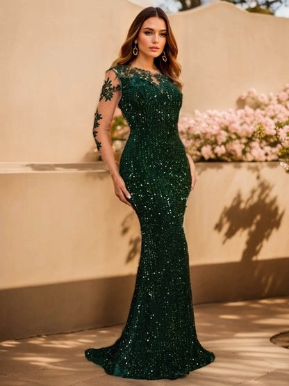 Romagic O Neck Long Sleeve Floral Sequin Dress - Elegant Party Wear - Buy Center UK