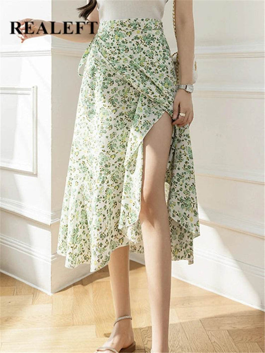 REALEFT Vintage Floral A-line Skirt - High Waist Midi Length - Buy Center UK