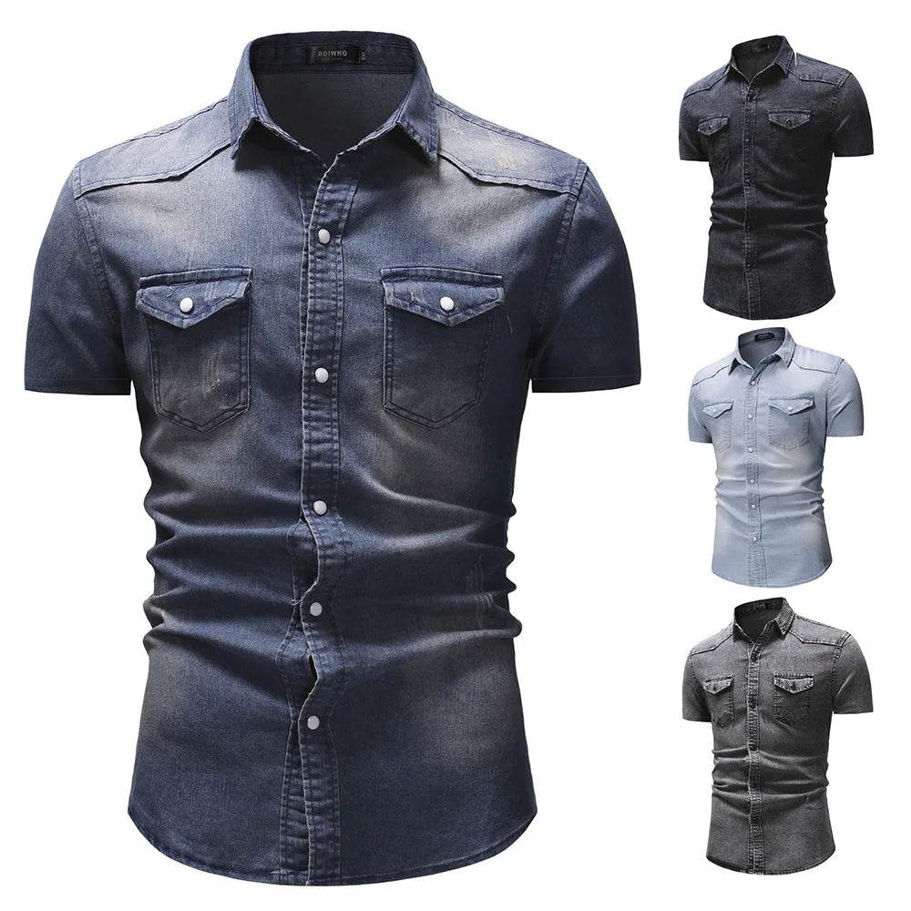 Buy Center Men's Slim Fit Denim Shirt - Short Sleeve Casual Top - Buy Center UK
