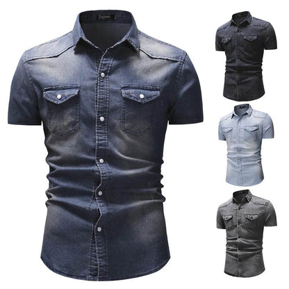 Buy Center Men's Slim Fit Denim Shirt - Short Sleeve Casual Top - Buy Center UK