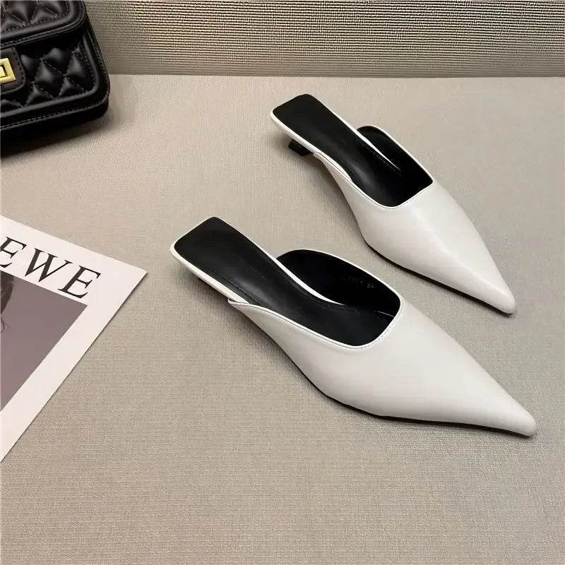 Buy Center Women's White Pointed Toe Mules - Comfortable Low Heel Slides - Buy Center UK